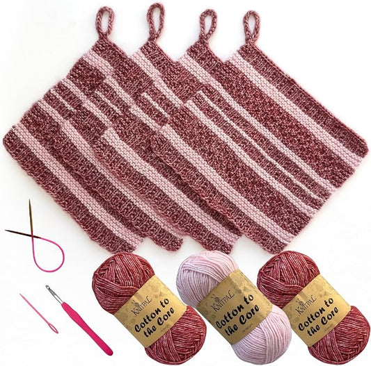 KnitPal Dishcloth Knitting Kit for Beginners (Cherry Red + Blush Pink)
