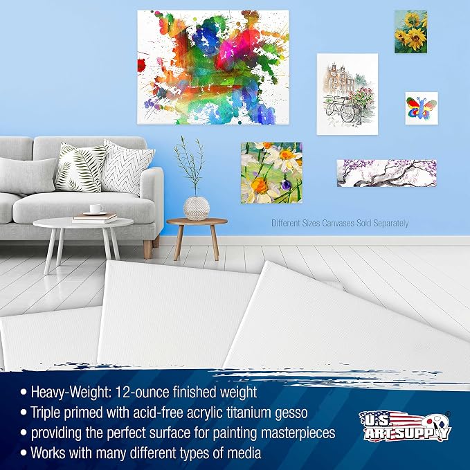 U.S. Art Supply 24"x48" Stretched Canvas for Painting, 3/4" Profile, 3-Pack