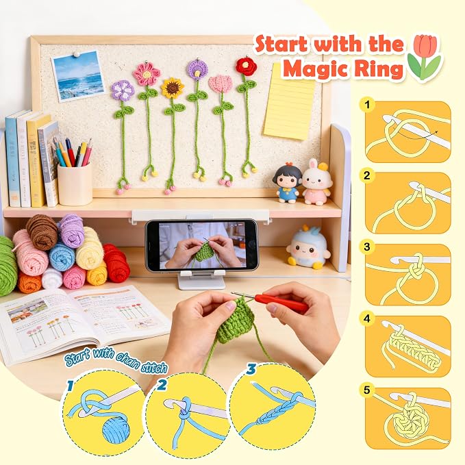 Joyclub Crochet Kit for Beginners 10 Flower Bookmarks for Adults | Flower bookmark with video and written guidance; first projects and handmade gifts for crochet starter book lovers teacher