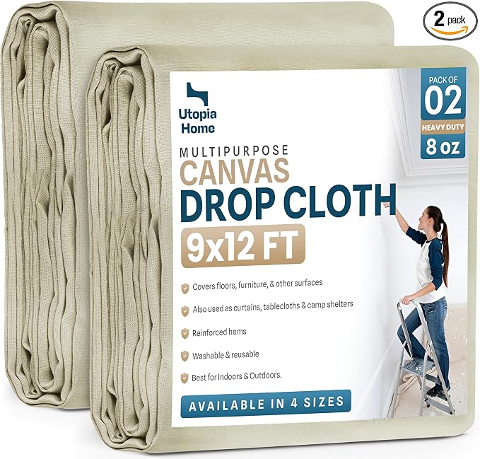 Canvas Drop Cloth 9x12 Ft, Drop Cloth for Painting, 2 Pack | Washable and Reusable, Canvas Fabric, Furniture & Floor Protection, Highly Absorbent, Duck Dropcloth