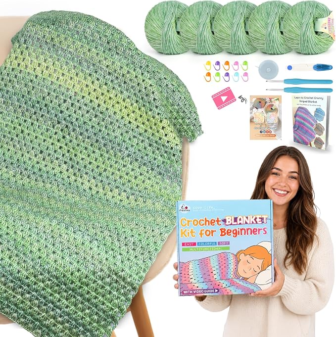Aeelike Crochet Blanket Kit for Beginners, Easy Blanket Crochet Kits, Green