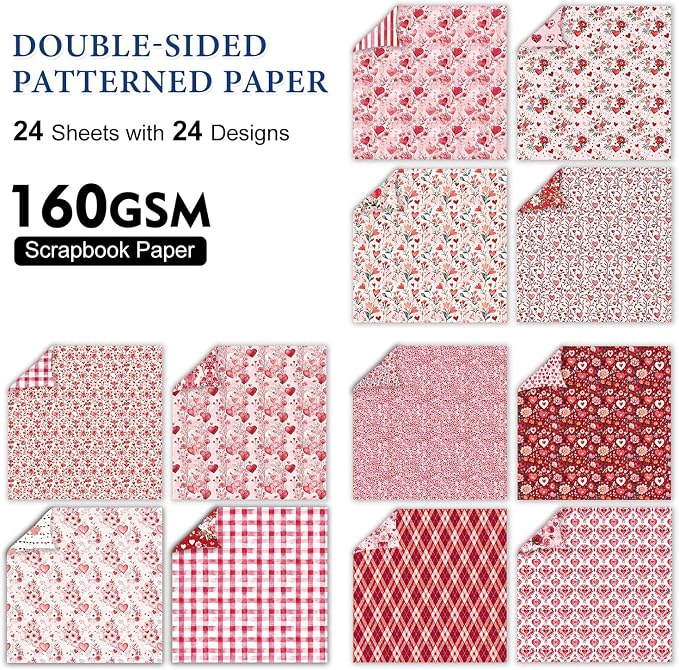 Happy Valentine's Day Scrapbook Paper Pad - 24 Sheets 12x12 in Double-Sided Patterned Decorative Craft Paper for Card Making Journals DIY Crafts Photo Album