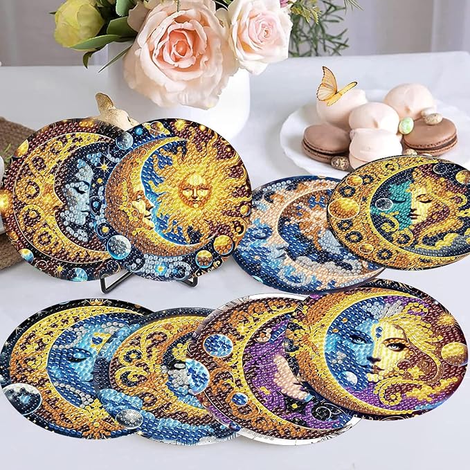 mrpwnle 8 Pcs Diamond Art Coasters Kits, Moon Diamond Painting Coasters Kit