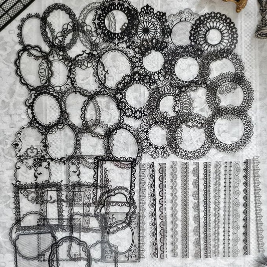 PRSTINCOL 120 PCs Lace Scrapbook Stickers,Waterproof Cutout Transparent Sticker PET Transparent Lace Stickers for Scrapbooking DIY Decoration Making Notebook Frame Album Handmade(Black)