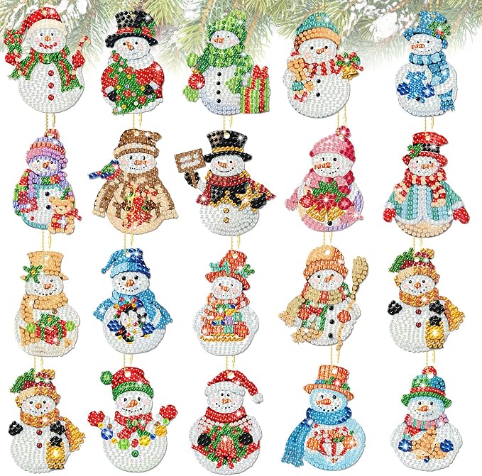 Tondiamo 20 Pcs Christmas Diamond Painting Keychain Kits 5D DIY Diamond Art Pendants Double Sided Hanging Key Chains for Christmas Party Decoration DIY (Snowman)