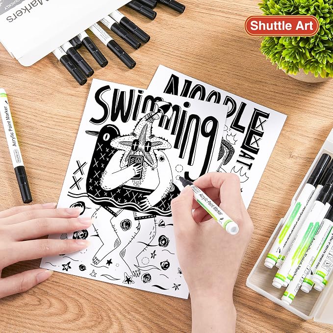Shuttle Art 40 Pack Black Fine Tip Acrylic Paint Pens, Water-Based Quick Dry Paint Markers for Rock, Wood, Metal, Plastic, Glass, Canvas, Ceramic