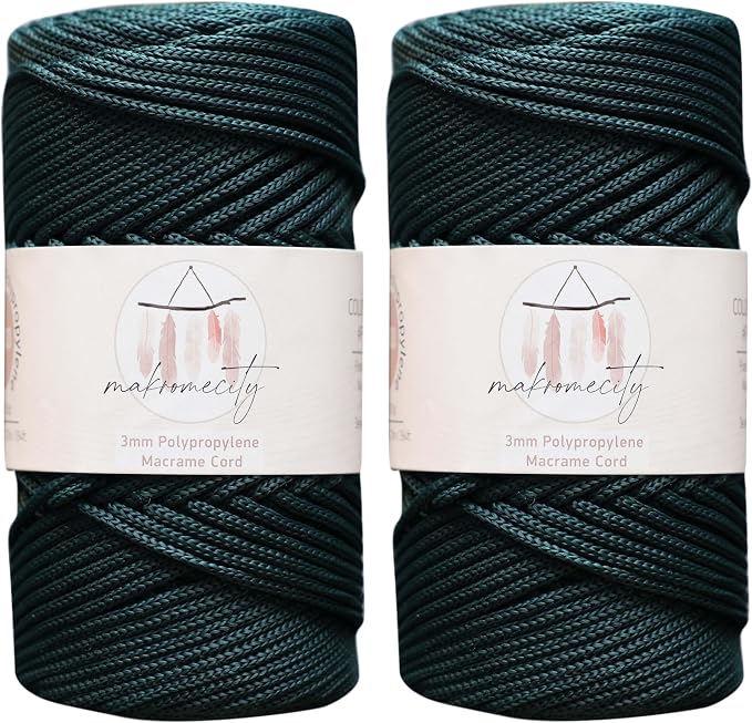 Makromecity, 2 Skeins of Polyester Macrame Cord 3mm x 131 Yards (394 feet) 3mm Polypropylene Forest Green Macrame Cord Crochet Macrame Bag Cord Crafts for Wall Hangings, Bags, Underplate