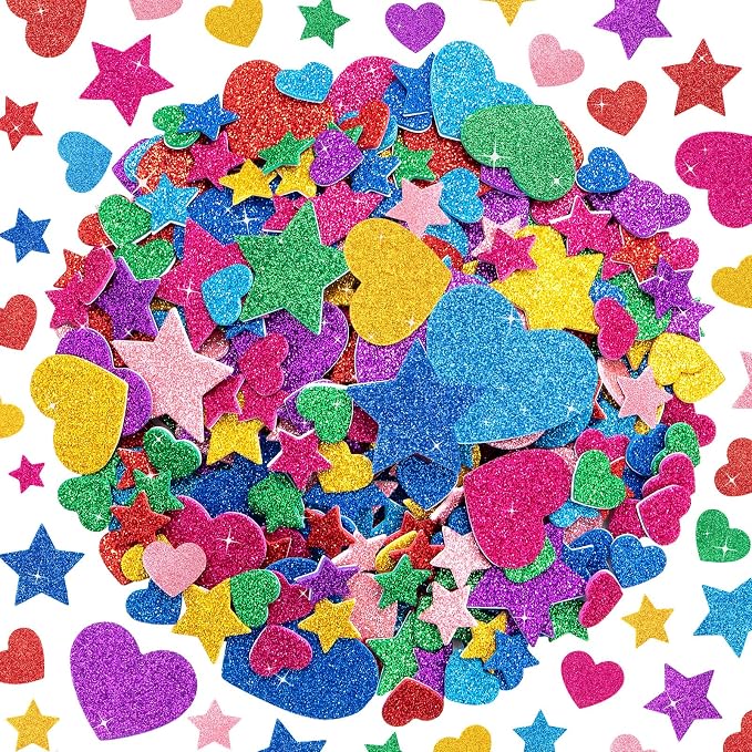 1024PCS Glitter Foam Stickers for Kids - Self-Adhesive Heart & Star Shapes, Sparkle Craft Stickers for DIY Greeting Cards, Scrapbooking, Home Decor, Envelopes & Children's Art Projects