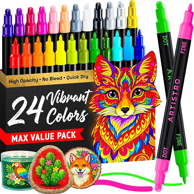 ARTISTRO Dual-Tip Acrylic Paint Marker Pens - Set of 24 | For Fabric, Rock, Glass, Wood, & Coloring Books, Arts & Crafts Gift, Classroom Must Haves & School Supplies (Dot & Fine Tips)