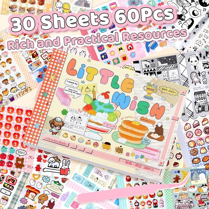Tmtains 30 Sheets Kawaii Japanese Sticker Book Manga Books Style Writable Note Sticker Glitter Sand Aesthetic Japanese Korean Stickers Book for Adults Scrapbooking Notebook Supplies (A Little Wish)