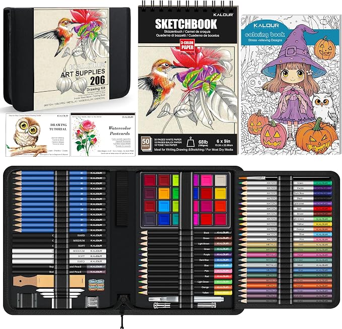KALOUR 206 Drawing Set Sketching Kit,Art Supplies with 3-color Sketchbook & Coloring Paper,Include Tutorial, Colored, Graphite, Charcoal, Watercolor & Metallic Pencil,for Artists Adults Teens Beginner