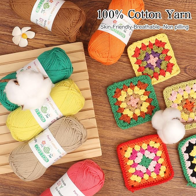 Katech Pure Cotton Yarn for Crocheting & Knitting–Baby Cotton Yarn | 24-Color of 137 Yards/1.76 oz Sport Weight CYC #2-Soft & Breathable-Ideal for Dishcloths, Baby Clothes, Potholders & Crafts