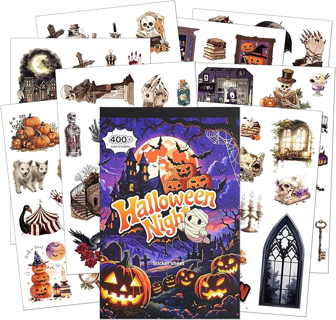 Halloween Sticker Book, 400+ Waterproof Vinyl Halloween Stickers, Funny Stickers for Adults & Kids, Cute Spooky Pumpkin Witch Stickers for Journaling, Scrapbooking, Crafts, Laptops and Water Bottles