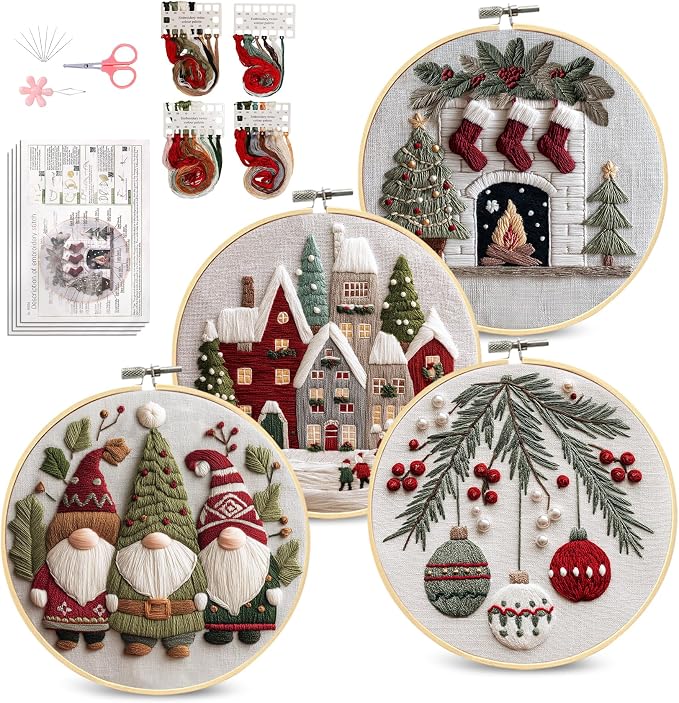 Santune Christmas Embroidery kit,Fall Needlepoint Cross Stitch Kits for Beginners Adult,Needle Point Sets,4 Embroidery,2 Hoops,Christmas Ornaments