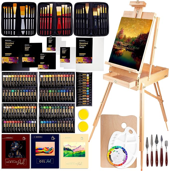 163-Piece French Easel Painting Set | All-in-One Deluxe Artist Starter Kit w/Wooden Field & Studio Sketch Box Easel for Adult, 100+ Professional Paints, Stretched & Panel Canvases, Brushes, Palettes