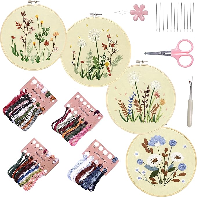 Bonroy 4 Sets Embroidery Set for Beginners, Art Craft, Easy Sewing Embroidery Kit Includes Embroidered Clothes with Patterns, Embroidery Hoops, Instruction Manual, Colorful Stitch Set (2 Most)