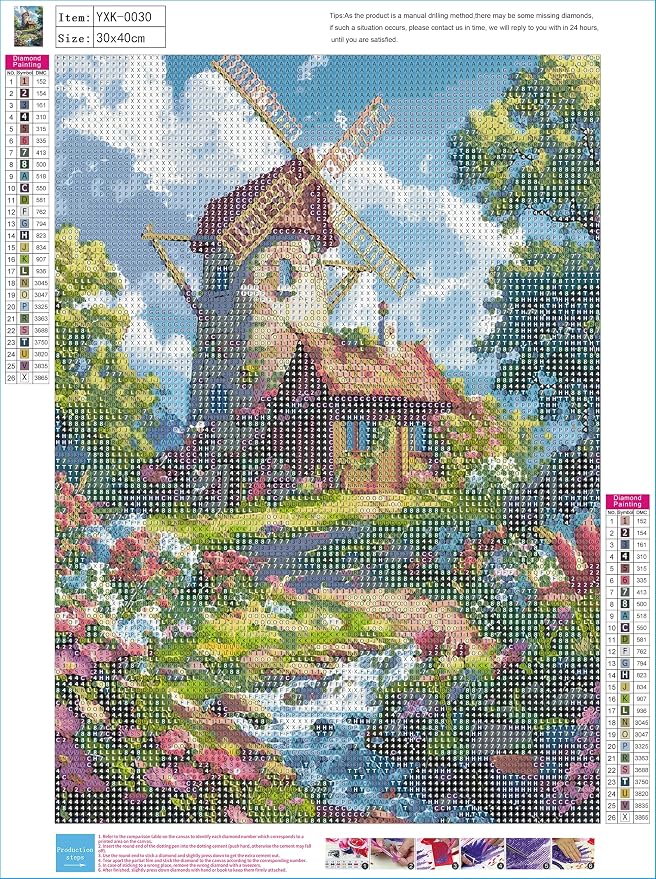 YUXUANKANG Diamond Painting Kit, Windmill Cottage Floral Landscape, 12x16 Inch, DIY Craft Activity, Resin Diamonds, Adult
