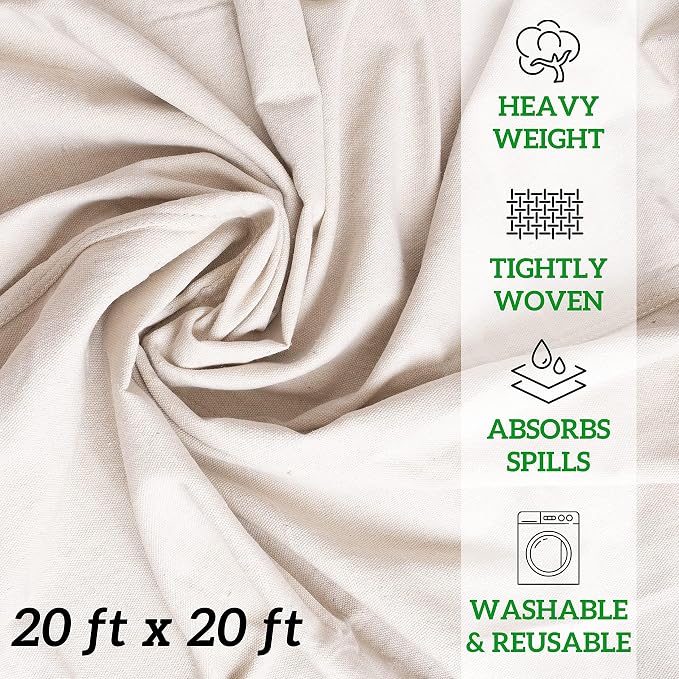 GREEN LIFESTYLE All Purpose Canvas Drop Cloths - Drop Cloth for Painting, Floor Cover, Heavy Duty Protection for Furniture & Surfaces, Reusable Painters Canvas Tarp for Renovation & Home (20x20)