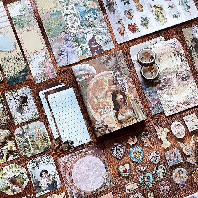 BoomTeck Vintage Aesthetic Scrapbooking Supplies, Bullet Junk Journal Kits with Scrapbook Paper, Washi Stickers, A6 Grid Notebook - DIY Craft Journaling Gift for Teen Girl Adult (Art Guide)