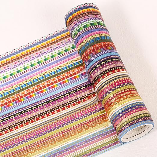 emmoolife 50 Rolls Skinny Washi Tape Set 3mm Wide, Gold Foil Print Masking Thin Basic Patterns Decorative Tapes for Scrapbooking, Junk Journal Supplies, Bullet Journaling, Craft Tape for Women Girl