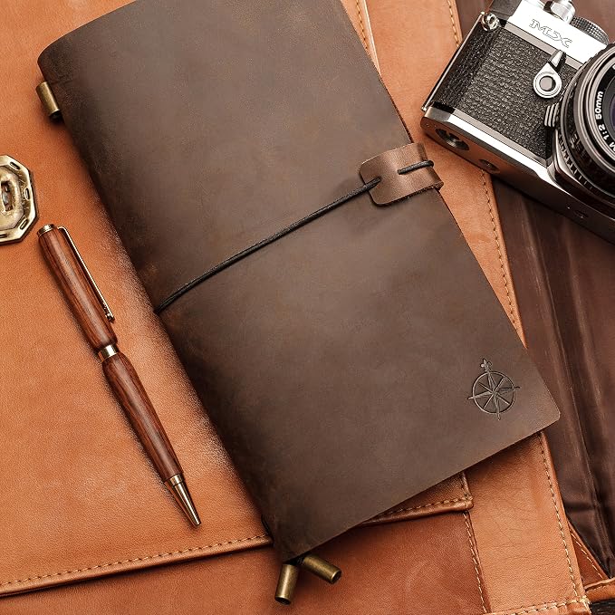 Wanderings Standard Size Travelers Notebook/Handcrafted Genuine Leather Journal - 4.75" x 8.5" (12 x 22cm) - Refillable Travel Journal - 100 GSM Blank Inserts