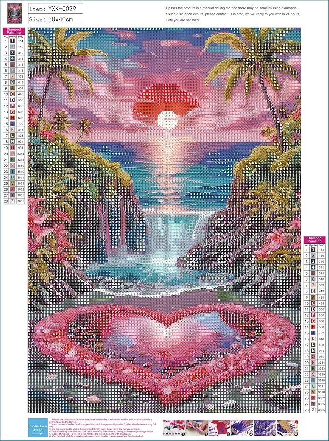 YUXUANKANG Diamond Painting Kit, Tropical Beach Sunset with Waterfall and Heart, Colorful Landscape Art 12x16 inch