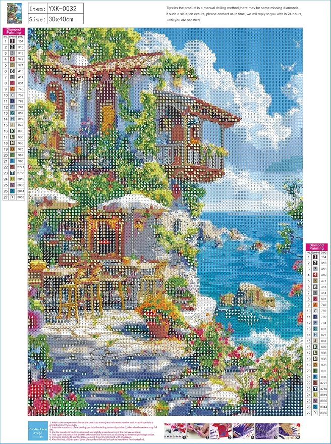 YUXUANKANG Diamond Painting Kit, Coastal Cliffside Cafe Scene, Colorful Floral Ocean View, DIY Art Craft 12X16inch