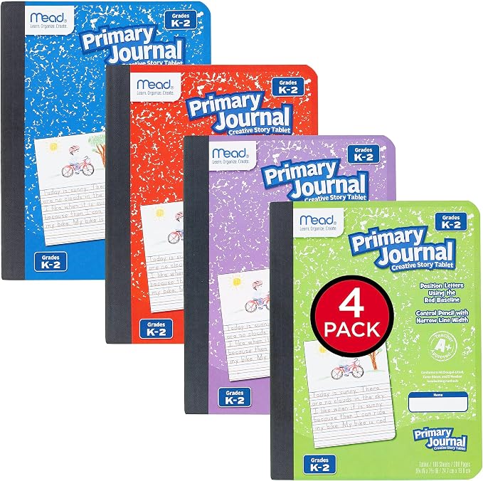 Mead Primary Journal Creative Story Tablet Composition Notebook, 7.5" x 9.75", Grades K-2, 100 Sheets, 4 Pack, Assorted Colors (610051-ECM)