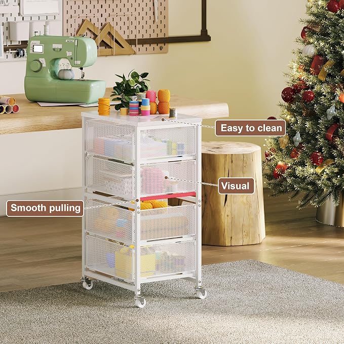 4-Drawer Rolling Storage Cart, Utility Cart with Drawers, White Metal Craft Cart Organizer with Wheels & Wooden Top, Art Supply Storage Organizer for Classroom, Office, Kitchen,Patent Pending