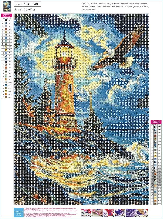 YUXUANKANG Diamond Painting Kit, Lighthouse and Eagle Scene, 12x16 Inch, DIY Craft Activity for Adults, Multicolor Resin