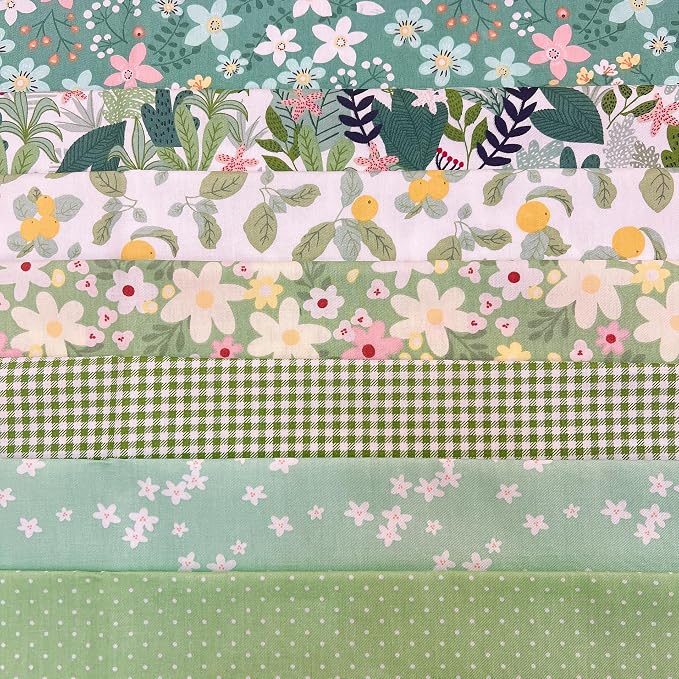 Cotton Fabric DIY Making Supplies Quilting Patchwork Fabric Fat Quarter Bundles DIY for Quilting Cotton Patchwork Cushions (Small Green Flowers, 20" x 20")