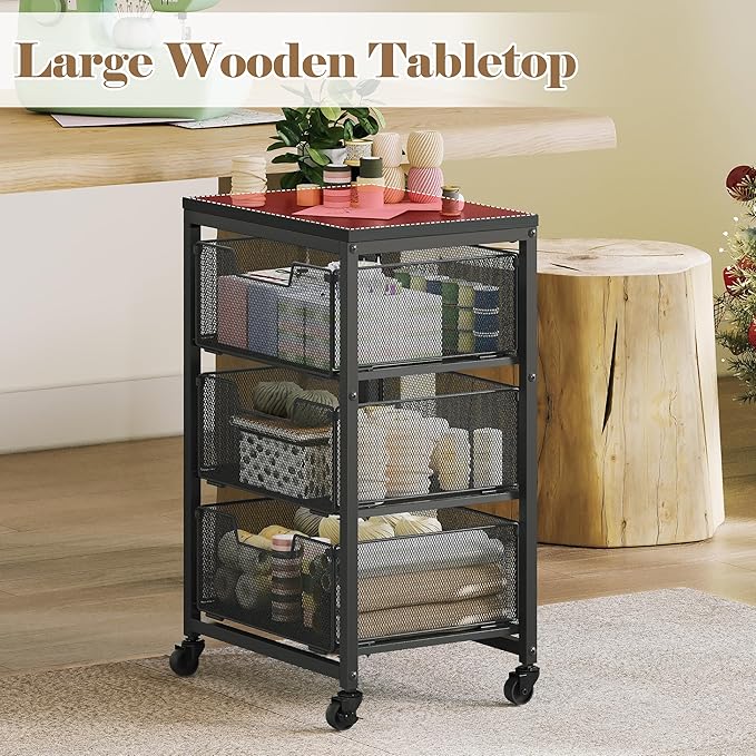 Under Desk Storage Cart with Lockable Wheels, 3-Drawer Rolling Storage Cart, Metal Utility Cart with Drawers for Art, Cart, Classroom, Office, Kitchen, Bedroom, Dorm Storage Under Bed
