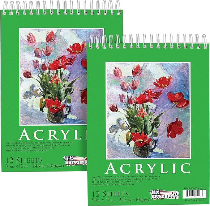 U.S. Art Supply 9x12 Premium Heavy-Weight Acrylic Painting Paper Pad | 246lb (400gsm), 2 Pack, 12 Sheets, Spiral Bound, for Acrylic Paint