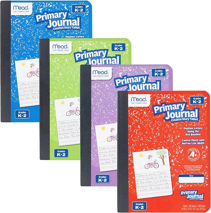 Mead Primary Journal Creative Story Tablet Composition Notebook, 7.5" x 9.75", Grades K-2, 100 Sheets, 4 Pack, Assorted Colors (610051-ECM)