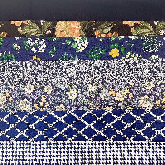 Cotton Fabric DIY Making Supplies Quilting Patchwork Fabric Fat Quarter Bundles DIY for Quilting Cotton Patchwork Cushions (Big Navy Flowers, 20" x 20")