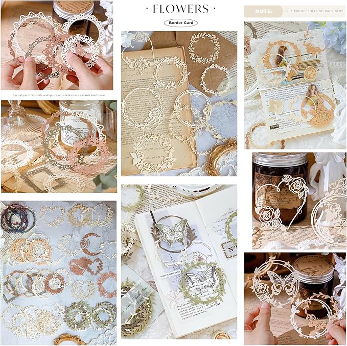 Maxleaf 60PCS Flower Cut Outs Border Card, Frames Decorative Paper | Love Heart Butterfly Leaf Lace Star Hollow Out Scrapbook Paper Card for DIY Arts Crafts Album Planner Junk Journals
