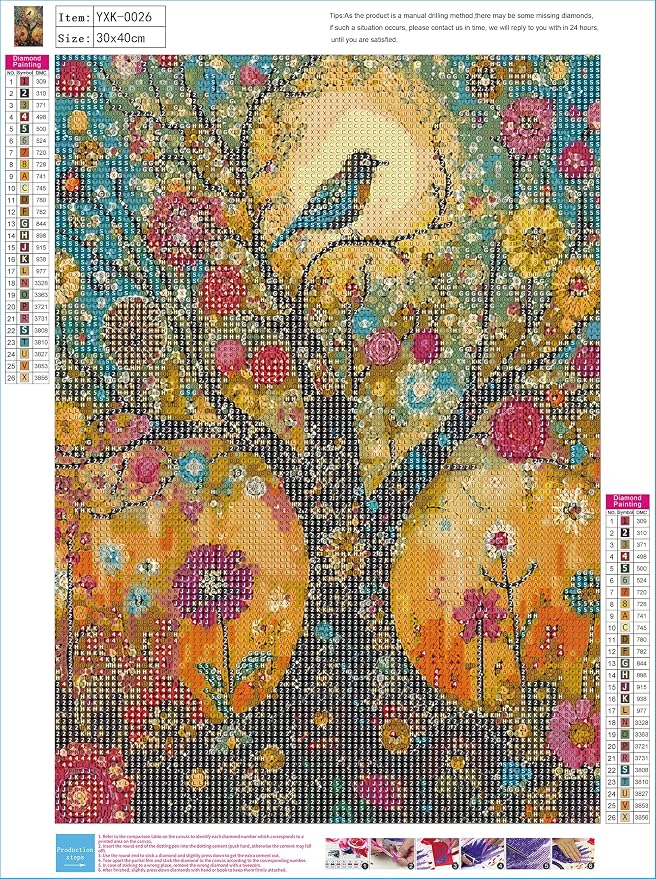 YUXUANKANG Diamond Painting Kit, Bird on Floral Tree, 12x16 Inch, Resin, DIY Craft Activity, Adult