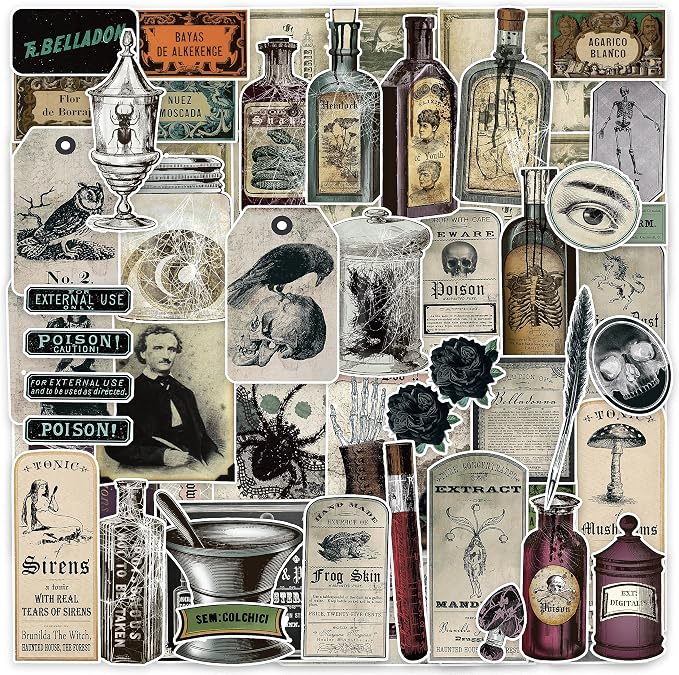 Prstincol 106 Pcs Potion Labels Stickers, Apothecary Sticker Dark Aesthetic Wine Bottle Sticker for Scrapbooking, Wicca Stickers for Junk Journal Bullet Journals DIY Crafts