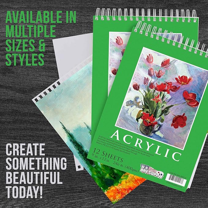 U.S. Art Supply 9x12 Premium Heavy-Weight Acrylic Painting Paper Pad | 246lb (400gsm), 2 Pack, 12 Sheets, Spiral Bound, for Acrylic Paint