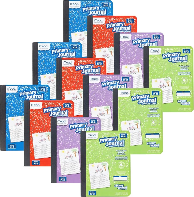 Mead Primary Journal Creative Story Tablet Composition Notebook, 7.5" x 9.75", Grades K-2, 100 Sheets, 12 Pack, Assorted Colors (610052-ECM)