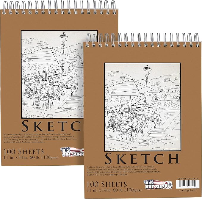 U.S. Art Supply 11"x14" Top Spiral Bound Sketch Book,100 Sheets Each 2-Pack | 60lb (100gsm), Acid-Free, Artist Sketchbook, Drawing Pad for Adults & Students