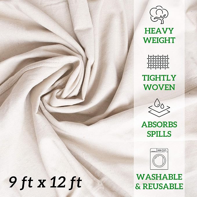 GREEN LIFESTYLE All Purpose Canvas Drop Cloths - Drop Cloth for Painting, Floor Cover, Heavy Duty Protection for Furniture & Surfaces, Reusable Painters Canvas Tarp for Renovation (9x12)