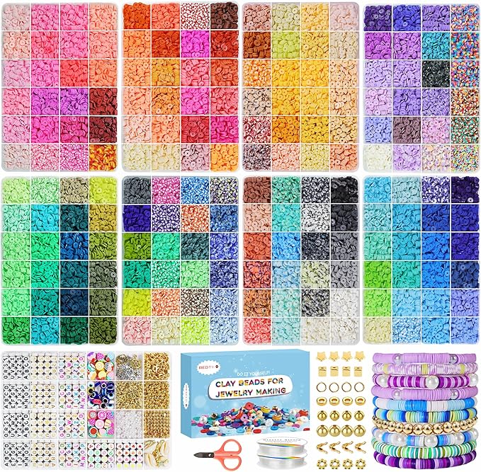 Redtwo 32000 Pcs Clay Beads Bracelet Making Kit | 9 Boxes 192 Colors Friendship Bracelet Kit Flat Polymer Heishi Beads for Jewelry Making, Crafts Gift for Girls Ages 6-12