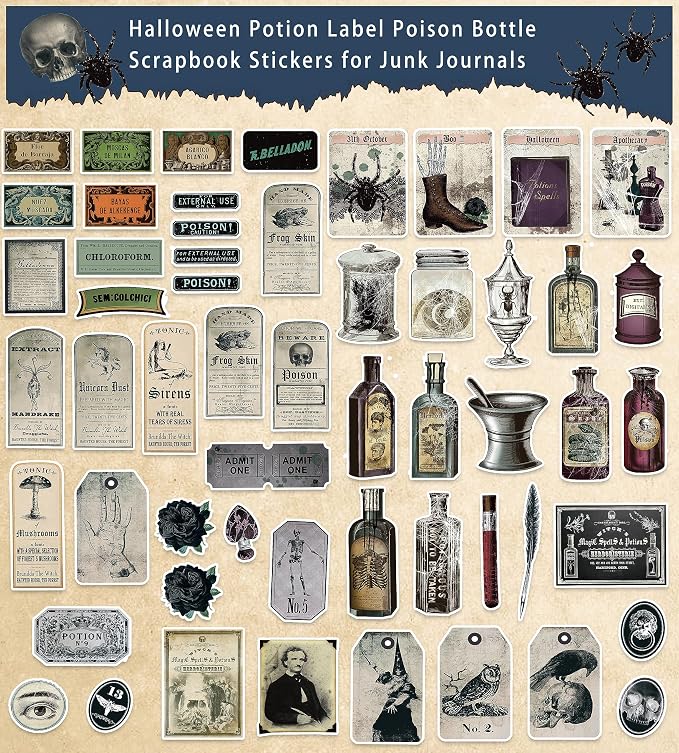 Prstincol 106 Pcs Potion Labels Stickers, Apothecary Sticker Dark Aesthetic Wine Bottle Sticker for Scrapbooking, Wicca Stickers for Junk Journal Bullet Journals DIY Crafts