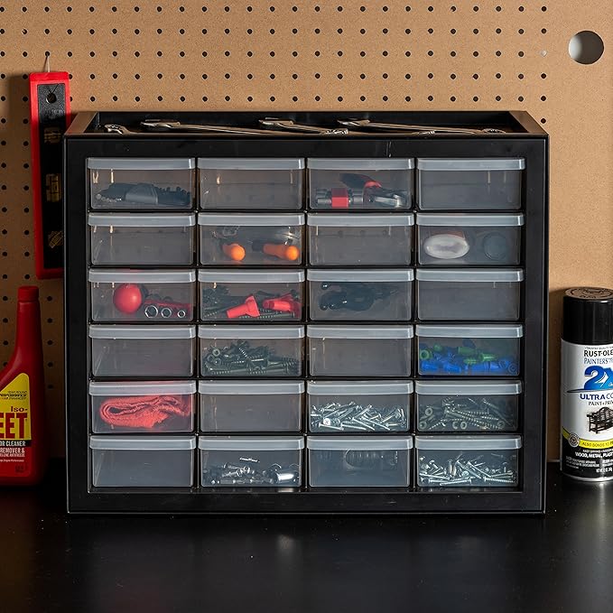 IRIS USA 24-Drawer Plastic Storage Cabinet, Teacher Toolbox, Garage, Black | Wall mountable, Stackable, Small Business Scrapbook Art Balloons Building Bricks Crafts Stickers Storage