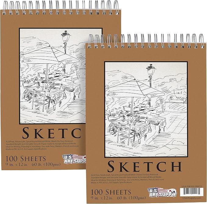 U.S. Art Supply 9"x12" Top Spiral Bound Sketch Book, 100 Sheets Each 2-Pack | 60lb (100gsm), Acid-Free, Artist Sketchbook, Drawing for Adults & Students