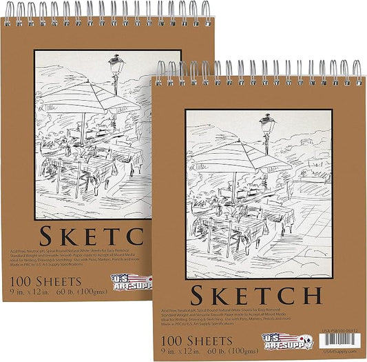 U.S. Art Supply 9"x12" Top Spiral Bound Sketch Book, 100 Sheets Each 2-Pack | 60lb (100gsm), Acid-Free, Artist Sketchbook, Drawing for Adults & Students