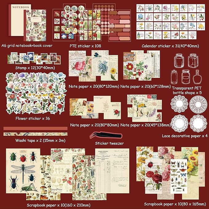 emmoolife Vintage Aesthetic Scrapbooking Supplies Kit, Flowers Botanical Bullet Junk Journal Kit with Journaling Supplies, Tweezers, A6 Grid Notebook,Stationery,Sticker, Birthday Craft Gift for Adult