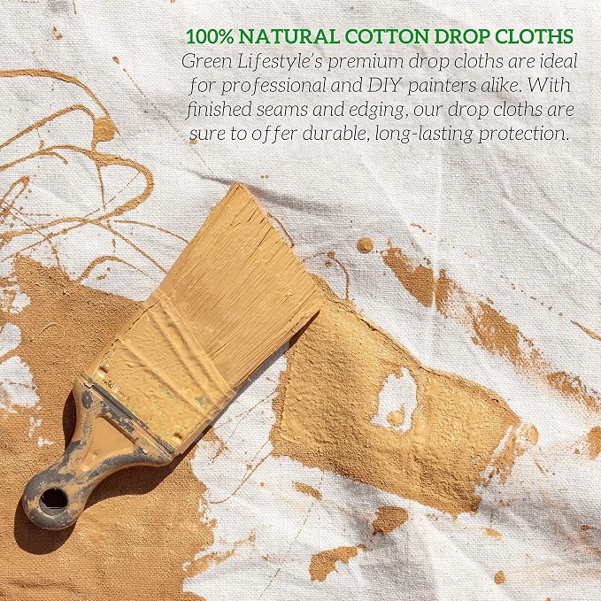 GREEN LIFESTYLE All Purpose Canvas Drop Cloths - Drop Cloth for Painting, Floor Cover, Heavy Duty Protection for Furniture & Surfaces, Reusable Painters Canvas Tarp for Renovation & Home (12x15)